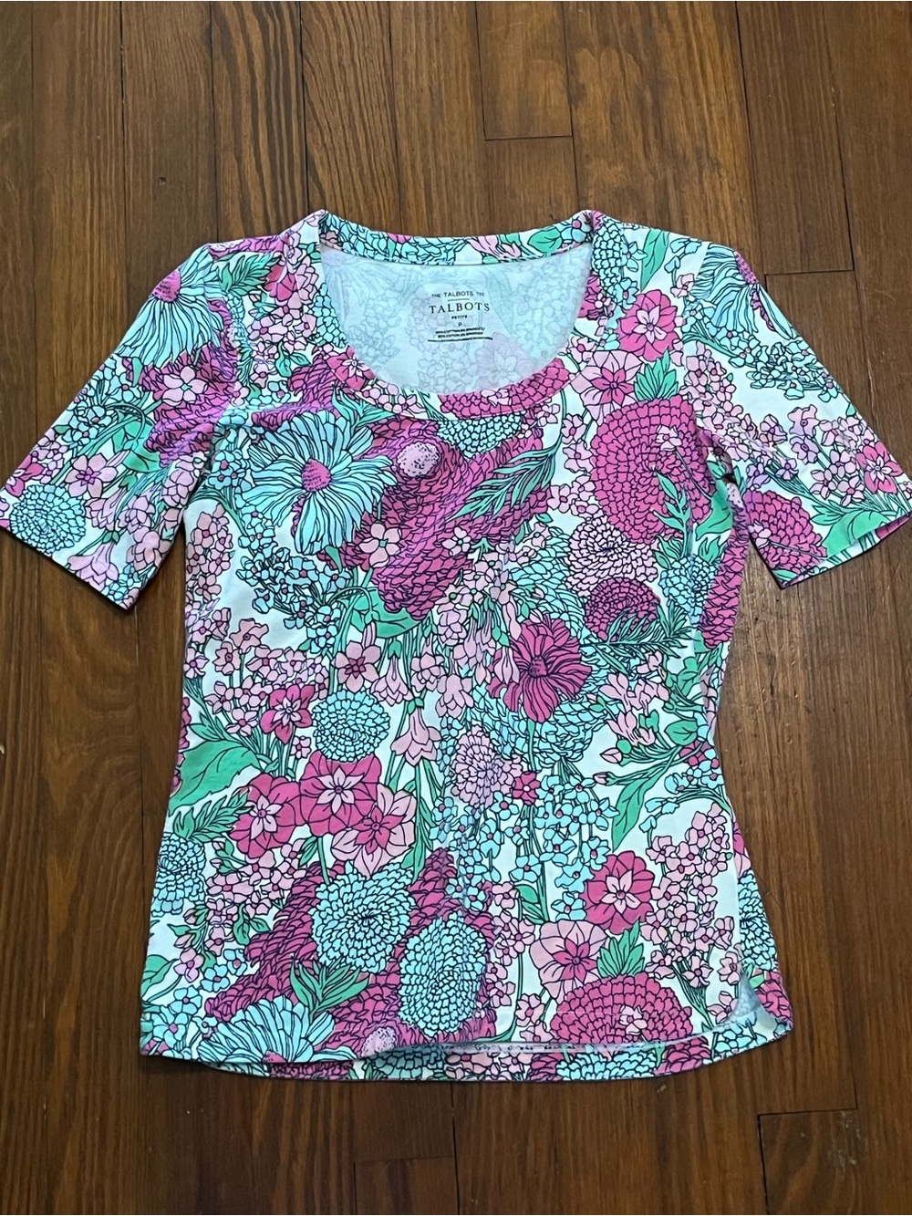 Talbots Pink & Mint Floral Scoop Neck Short Sleeve Top - Petite